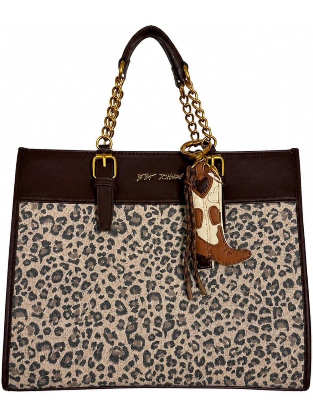 Western Print Satchel Handbag with Gold Chain Strap & Cowboy Boot Charm